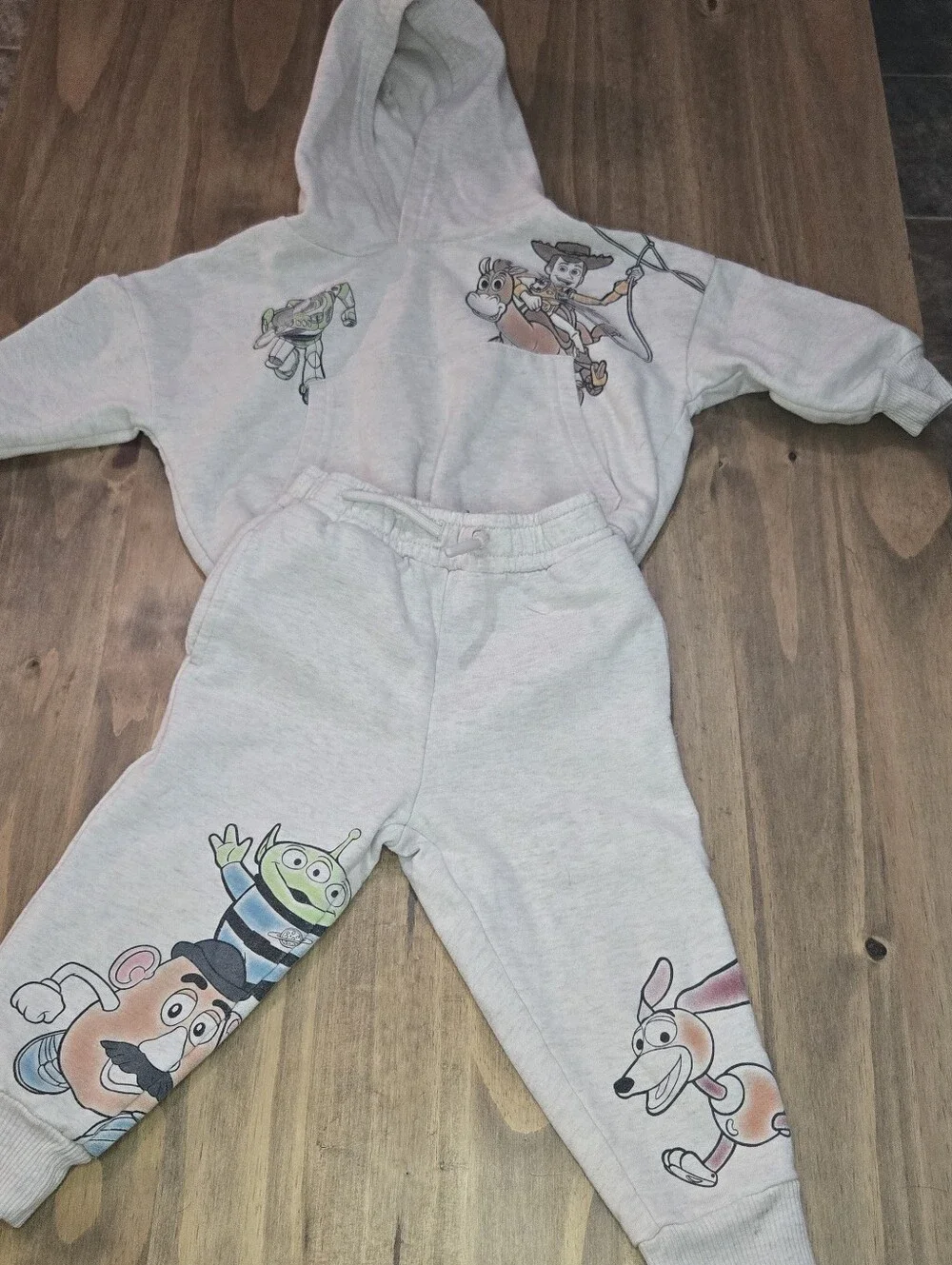 Kids Light Gray Hoodie & Sweatpants Set with Toy Character Prints